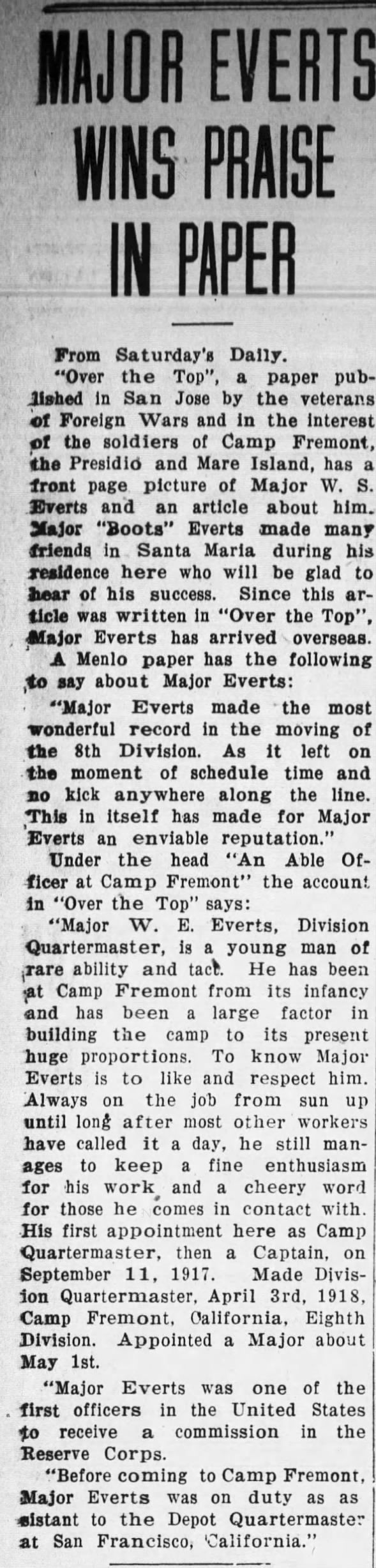 Major W. S. Everts featured in publication